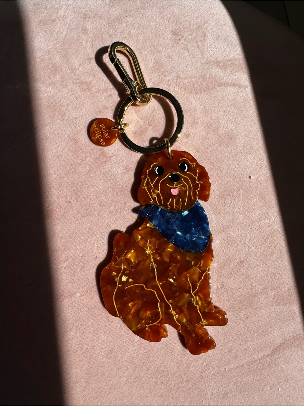 NWOT Amber Acrylic Dog Keychain with Blue Bandana - Gold Hardware